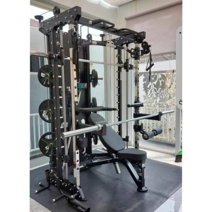 Smith Machine Multi Fungsi termasuk Leg Press, Adj. Bench, Plate & Bar