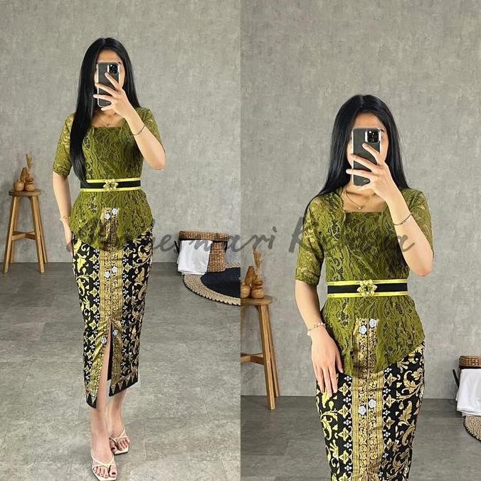 Kebaya Bali Set Brukat Bianca Hijau Army