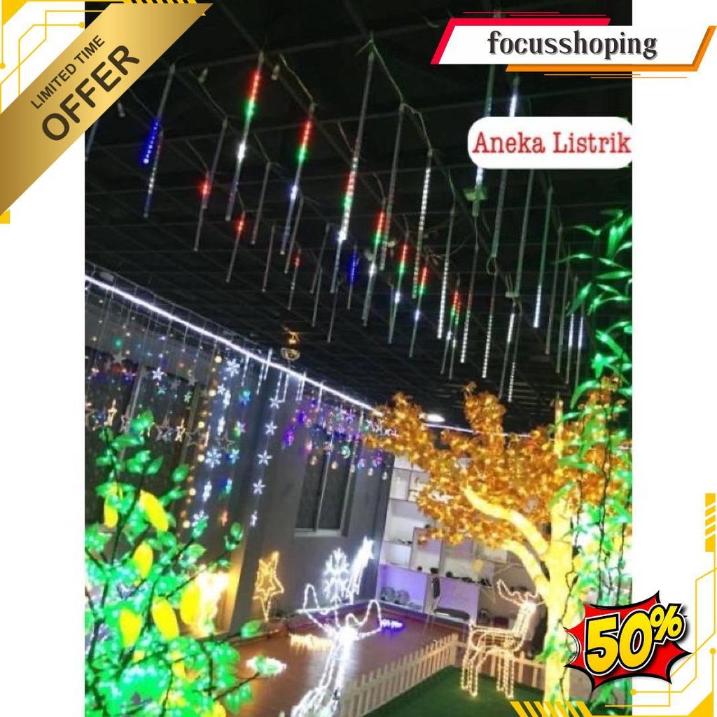 Lampu Meteor Led Hujan 7Warna 50Cm Rgb 1Set 10Batang Full Colour Jatuh Rain Snow Taman Hias Original