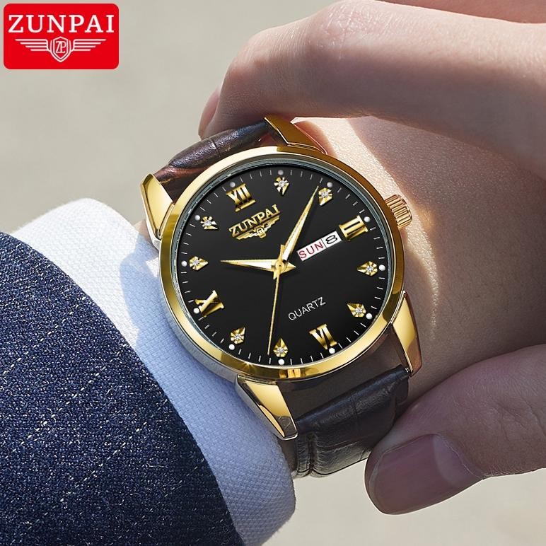 ZUNPAI Jam Tangan Pria Asli Anti Air Kalender Bercahaya Bisnis Baja Tahan Karat Emas Jam Tangan Pria
