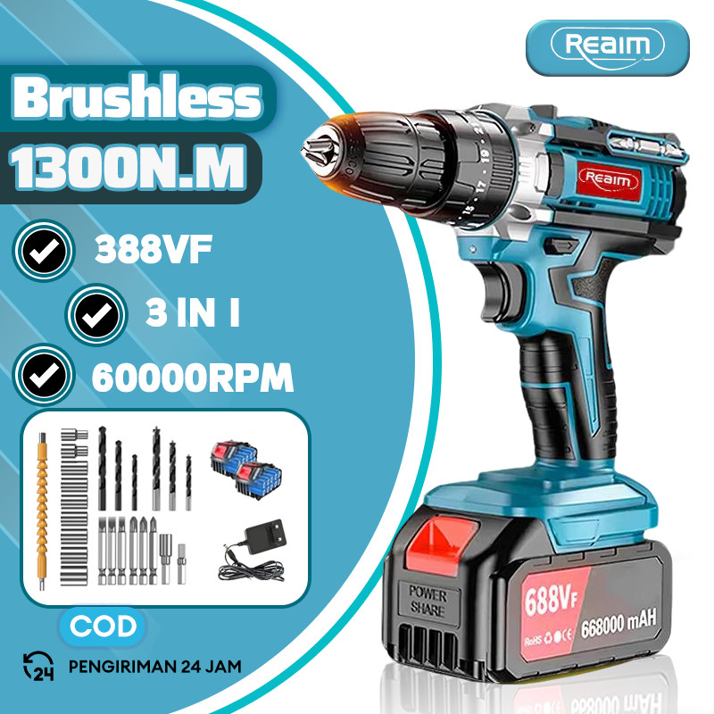 Reaim 3 Speed Brushless Mesin Bor Baterai Bor Listrik Tangan Cordless Drill Cordless Electric Drill