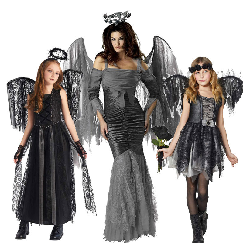 Halloween New Children Adult Evil Black Angel COS Zombie Ghost Vampire Stage Performance Costume