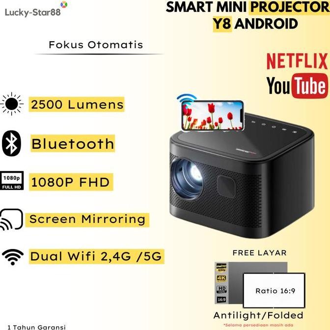 Proyektor Mini LED Y8 Android 9.0 Wifi 2500 Lumens | Proyektor Mini Portable | Proyektor Mini Androi