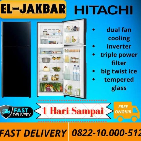BEBAS ONGKIR - HITACHI R-VGX48PGD9-GBK kulkas 2 pintu led light 407 liter glass black