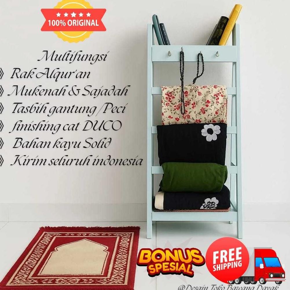 Rak Sajadah & Mukena Kayu Minimalis Stand Alquran, Rak Jilbab, Hanger Multifungsi Estetik