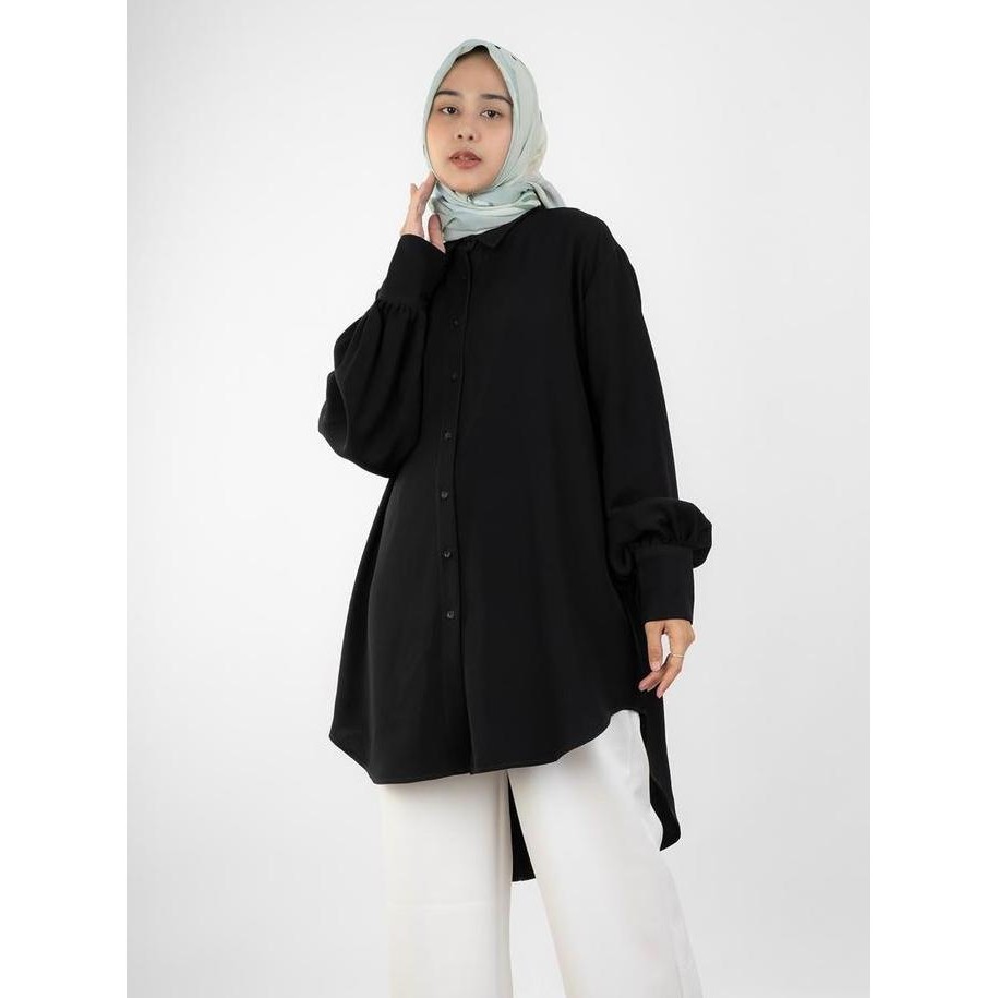 (Good) HaymeeIDN - Haifa Tunik | Kemeja Tunik Jumbo Tangan Balon Bahan Jetblack
