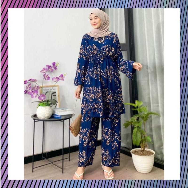 Cuci Gudang Setelan Wanita Jumbo LD 120 - One Set TieDye Tunik Okinawa Setelan Batik Motif Daun-daun
