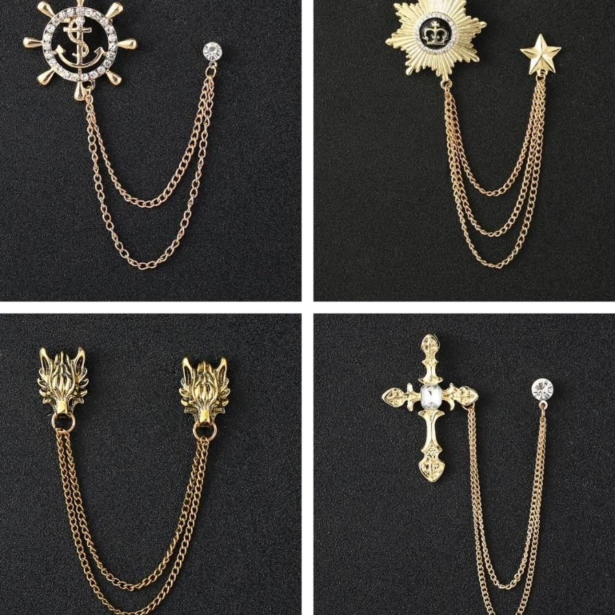 Rantai Pria Emas Bintang Berujung Lima Kemudi Silang Kepala Singa Bros Ornamen Setelan Bintang Beruj