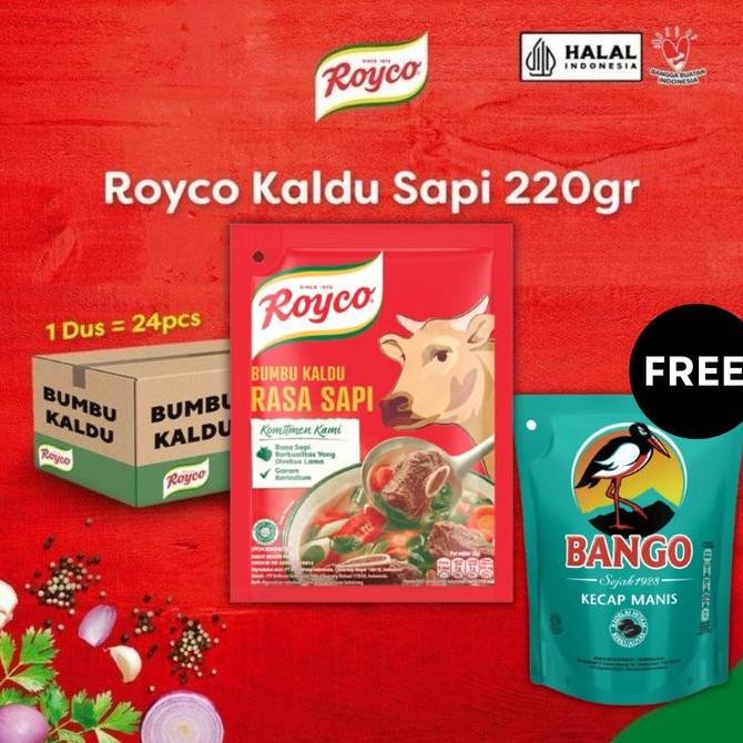

Grosir [Beli 24 Gratis Bango 540G] Royco Bumbu Penyedap Makanan Rasa Kaldu Sapi 220G Isi 24