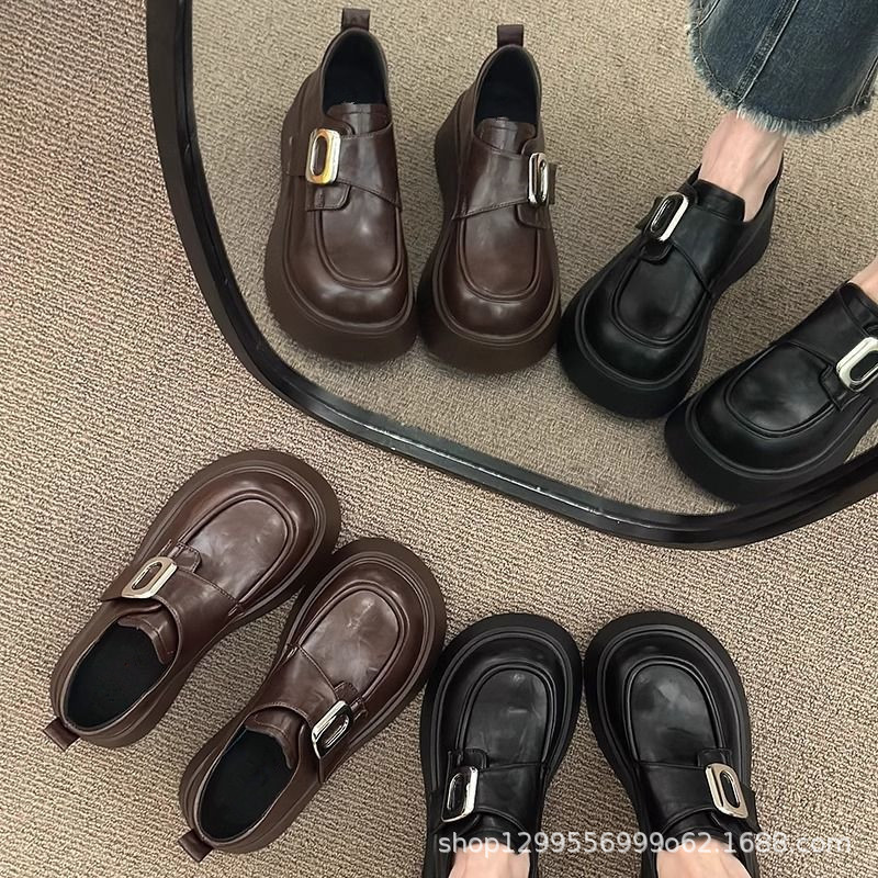 5Sepatu Wanita Retro Baru Sol Tebal Meningkatkan Tinggi Loafers Serbaguna