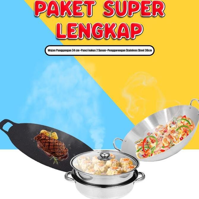 (Ss) Paket Super Lengkap Wajan Stainless Steel 30Cm + Wajan Panggangan 34Cm Anti Lengket + Panci Sup