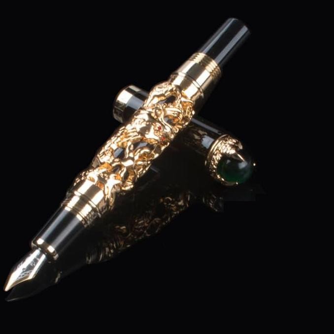 Pulpen Pena Tinta Nib Ukiran Naga Emas & Bola Mutiara