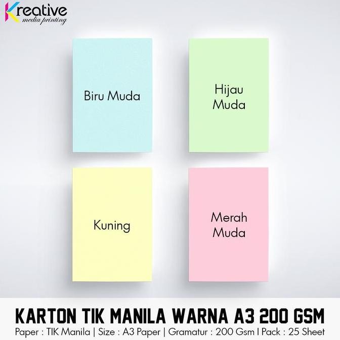 Karton Tik Manila Warna (A3 / 200 Gsm / 1 Pack = 25 Lbr)