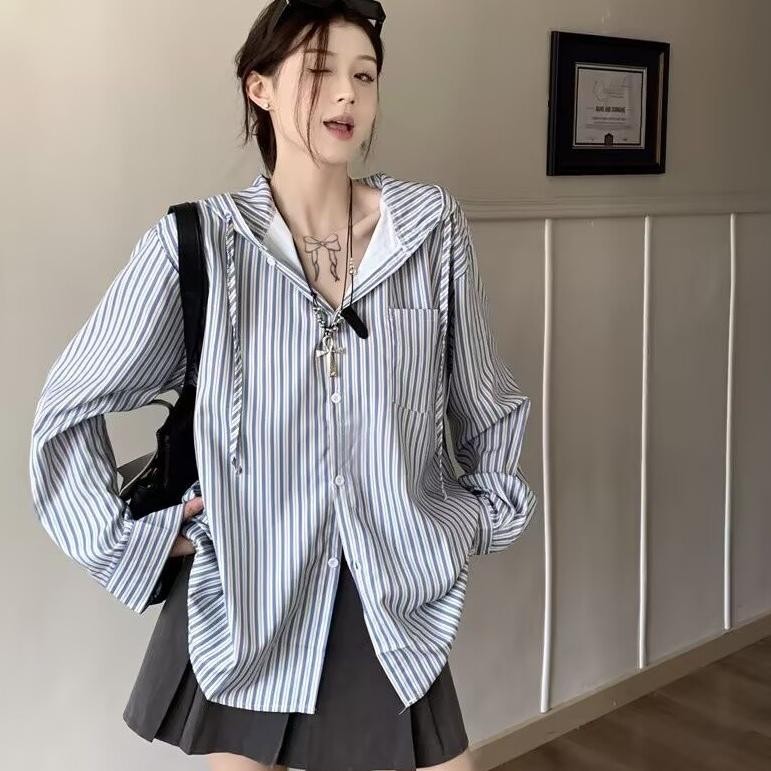 Kemeja bergaris wanita gaya Korea retro bergaris kemeja berkerudung wanita lengan panjang atasan