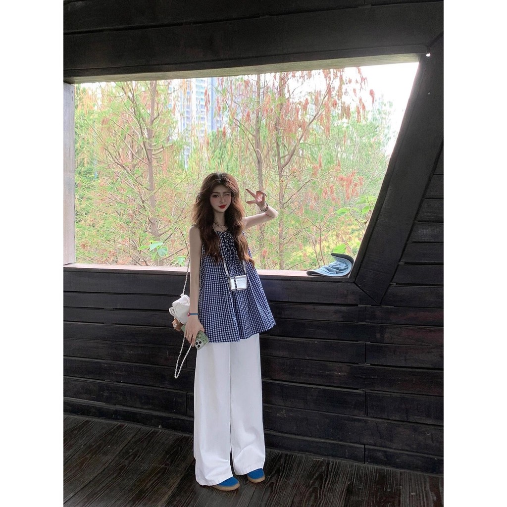 Kain kotak-kotak retro biru dan putih baru T Baju Wanita KAOS