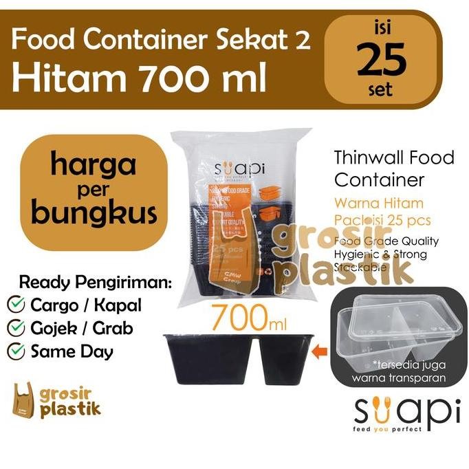 T158 Tepak Makan Suapi 700 Ml Sekat 2 Isi 25 Thinwall Hitam Iso - Grosir Plastik