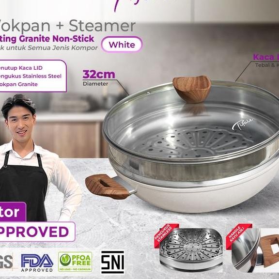 Victor Approved Tifale 2In1 White Wokpan Diameter 32Cm Glass Lid Granite Steamer Non Sti Alat Masak 