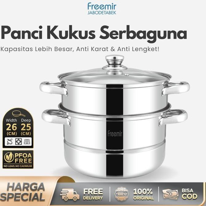 Promo [MEGA SALE] freemir Panci Kukus 2 Susun 24/26cm Panci Wajan Stainless Jumbo Anti Karat Cocok U