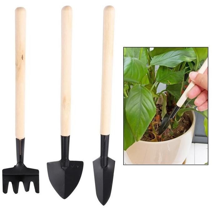 Promo Cod 3In1 Set Sekop Garpu Cangkul Mini Alat Berkebun Kecil Gagang Kayu Tanaman Pot Kaktus Taman