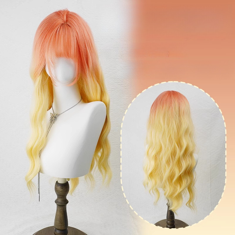 Wig for Women Orange Gradient Golden Long Curly Hair Colorful Water Wave lolita Full Wig Set