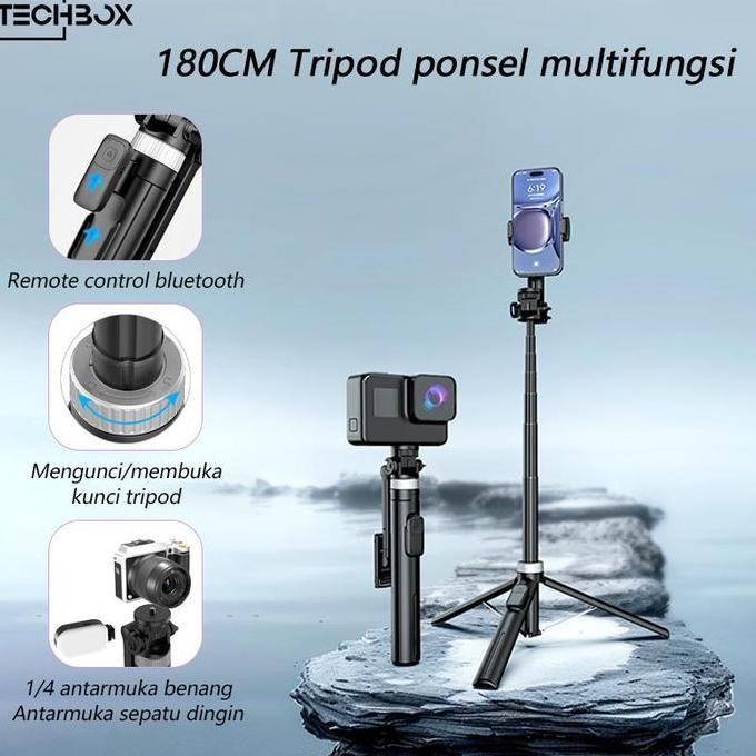 Tech Multifungsi Aluminium Tongsis Tripod Bluetooth Remote 1800Mm Selfie Stick Tripod Hp Holder Stan