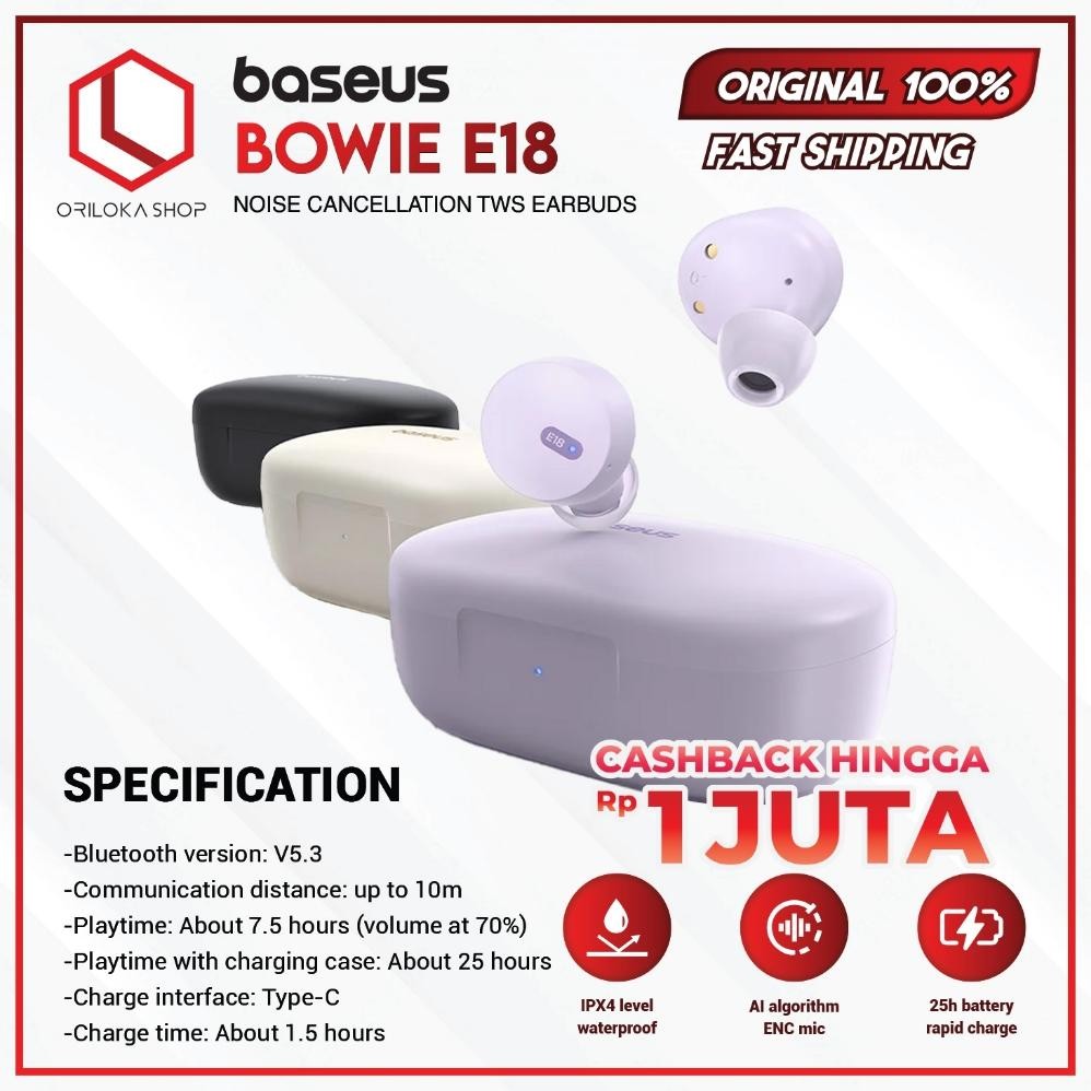 READY INSTANT Baseus Bowie E18 TWS Bluetooth Earphone Earbuds Bloetooth Erphone IPX4 - Henset Headse