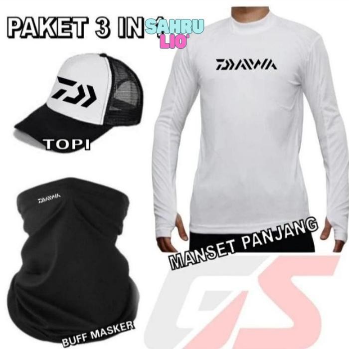 LI34 gf-5 Paket hemat 3 in 1 Lengkap Topi Mancing, Buff Masker Mancing Dan Jersey Daiwa super murah 