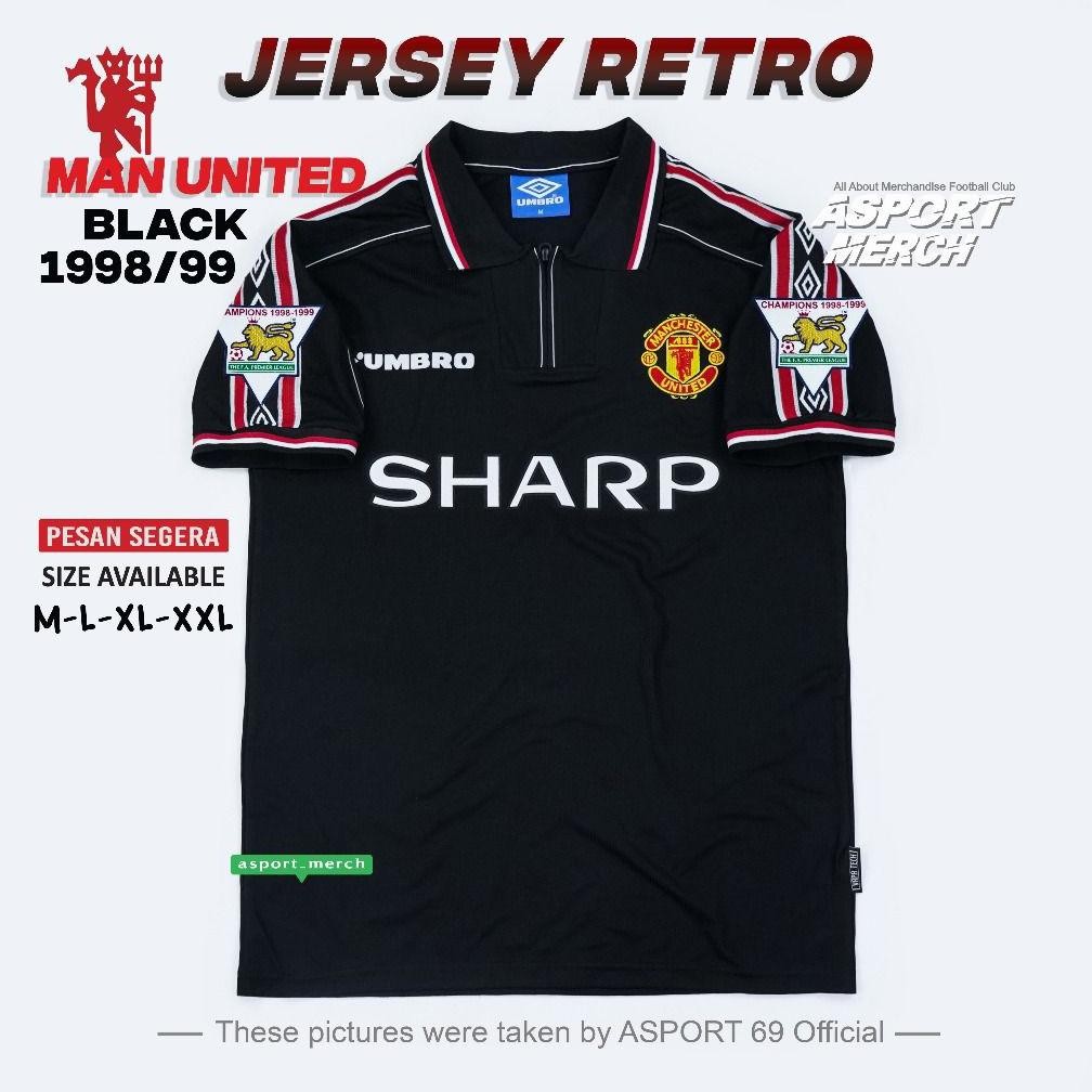 JERSEY BOLA MAN UNITED RETRO BLACK 1998 1999 MU TREBLE HITAM 98 99