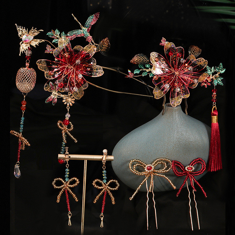 Chinese Wedding Hanfu Bride Ancient Costume Xiuhe Wedding Updo Lantern Step Shake Hair Accessories