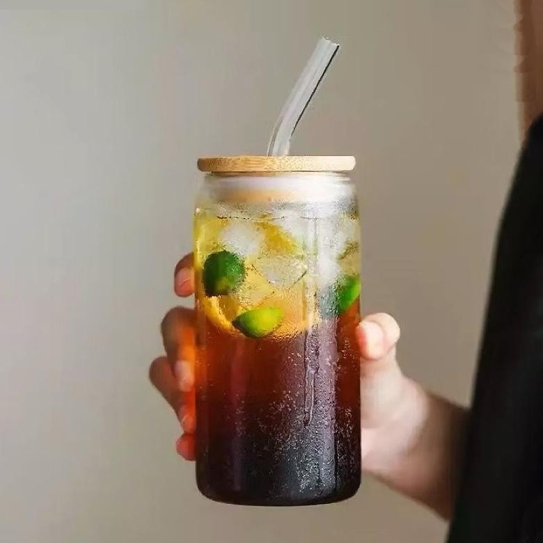 Kekinian Gelas Aesthetic Tutup Kayu Mug Botol Minum Cangkir Gelas Kaca Souvenir Tumbler Kaca Glas ,,