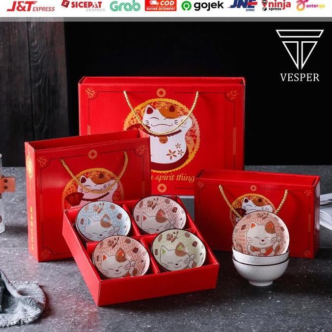 hampers gift box mangkok keramik kucing / japanese lucky cat bowl set