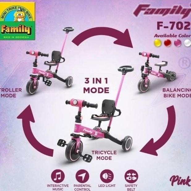 Sepeda roda tiga tricycle balance bike stroller anak family 3 in 1 multifungsi ada seatbelt musik da