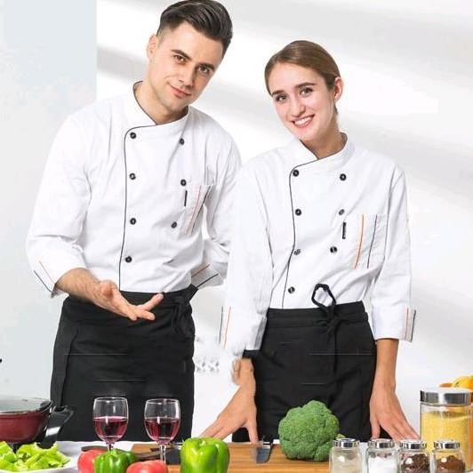 Baju Jacket Chef Koki Lengan Panjang Unisex Pria Wanita Hitam Putih Maron Safety