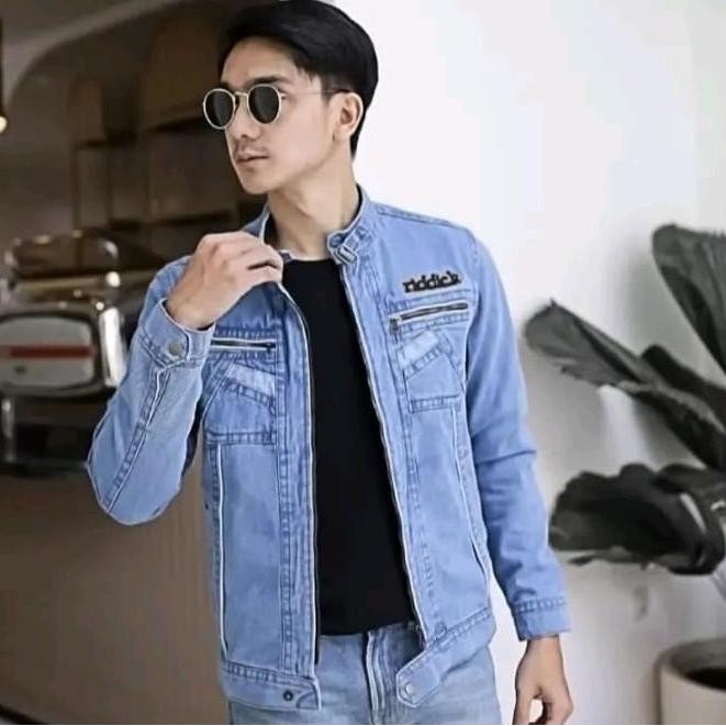 Jaket Jeans Gesper Blue Resleting Denim Panjang Pria Casual Kekinian Formal Cowok Distro Keren