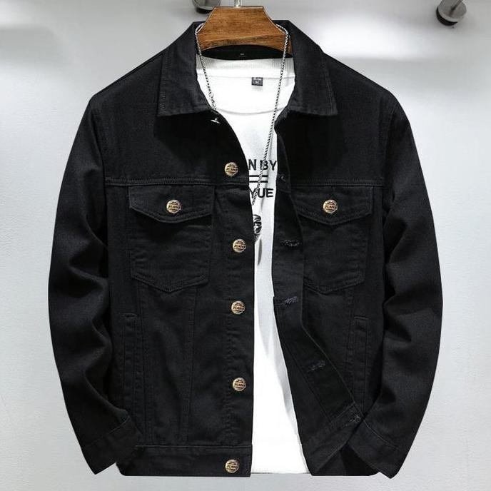 Jaket Jeans Denim Polos Pria Wanita Nyaman Panjang Hitam Hitam Blazer Casual