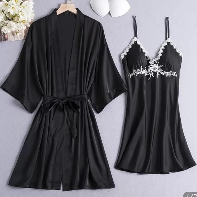 TERMURAH - Kimono lingerie satin silk set 2 in 1 cup AL2
