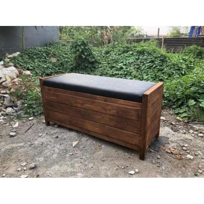 Rak Sepatu Kayu Jati Tertutup Minimalis Sekaligus Bangku Multifungsi