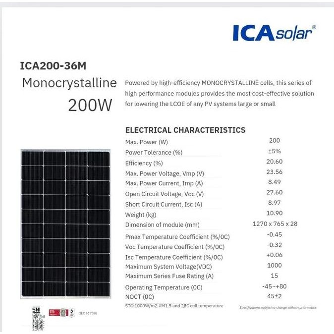 PANEL SURYA ICA SOLAR MONOCRYSTALINE 200WP TKDN BEST PERFORMANCE ORIGINAL DAN TERPERCAYA
