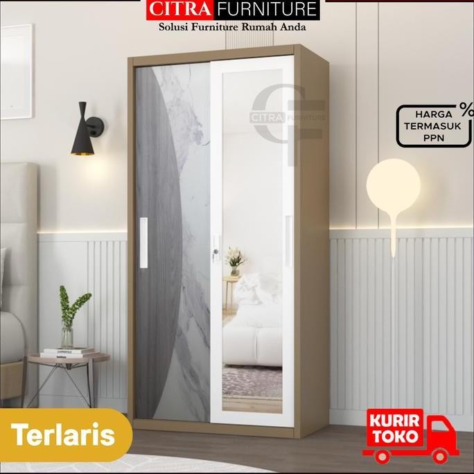Lemari Pakaian Sliding 2 Pintu Full Cermin|LP Baju Sleding Kaca Full