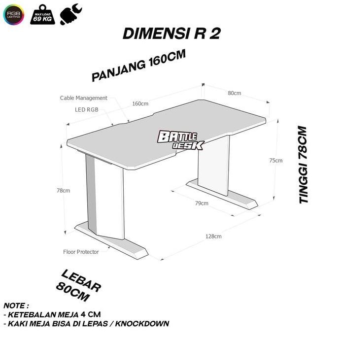 Meja Komputer Gaming PC Desk RGB murah 160x80 - Battledesk R 2 HITAM