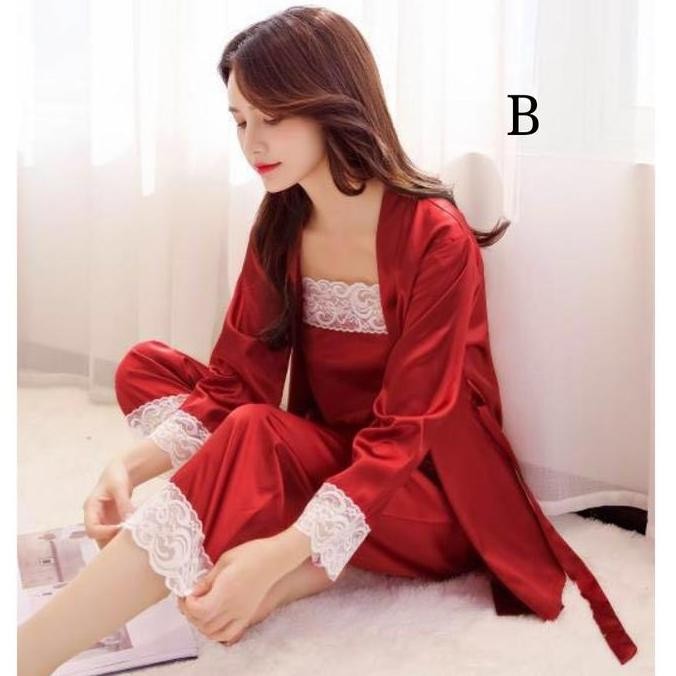 Baju Tidur Piyama Tanktop Panjang Kimono Silk Satin Polos 116