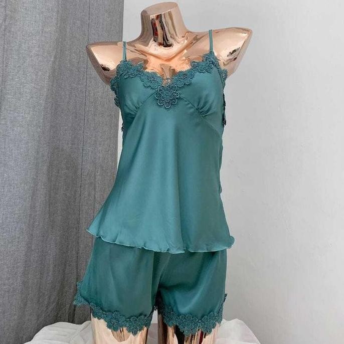 Vee-Silk Baju Tidur Celana  Premium/Lingerie/Baju Tidur /  Setelan Piyama Tank Top, Setelan Renda Du