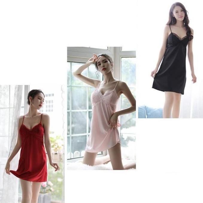 [Nl] Premium Wanita Night Dress Busa Cup Pad Panjang Satin Doff Seksi Free Cd Flexible Besar Jumbo R