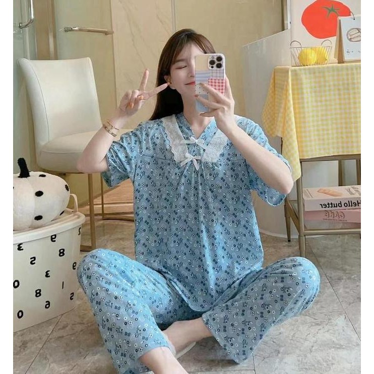Setelan Baju Tidur Piyama Wanita Lengan Pendek Cp Renda Katun Spandek Korea Premium