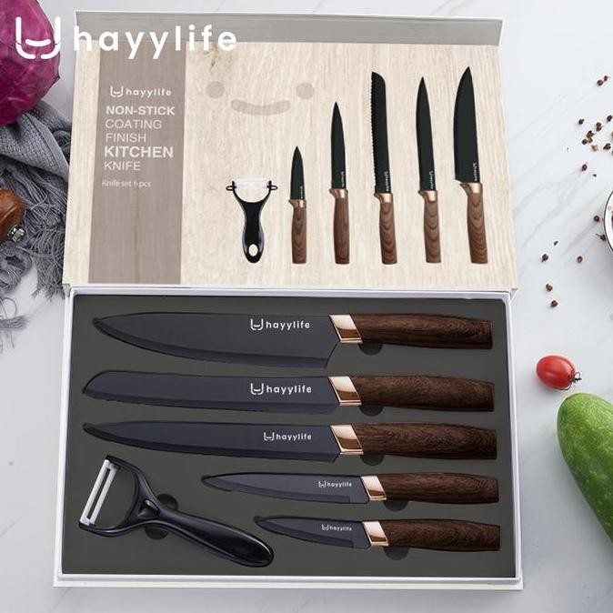 Hayylife Knife Set Dapur Stainless Steel 6 in 1 Gagang Kayu / Set Pisau Dapur Baja Hitam Rumah Tangg