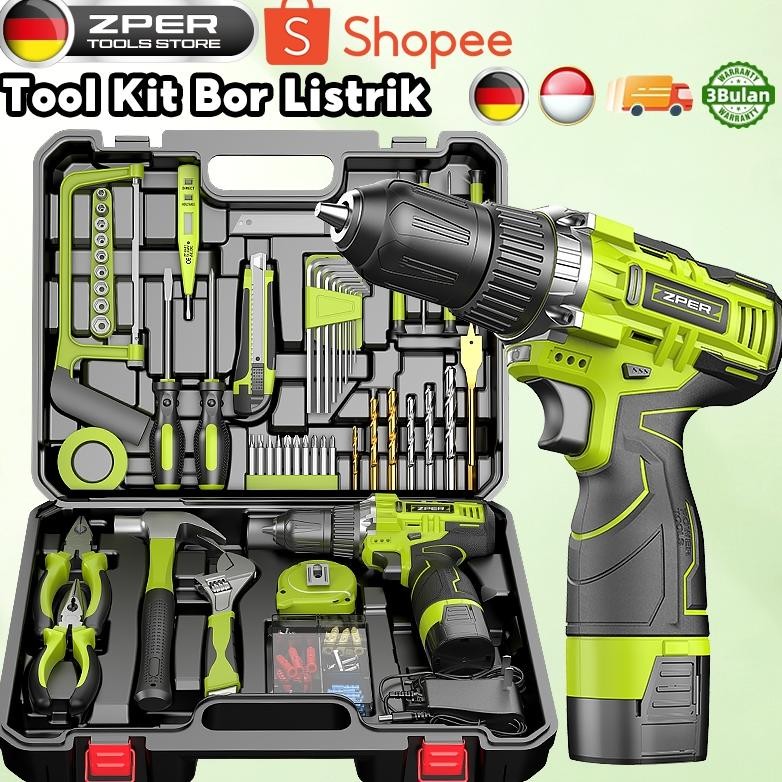 120PCS Tool Box Besar Mesin Bor Baterai Toolkit Set Alat Tukang Bangunan Lengkap Kotak Perkakas