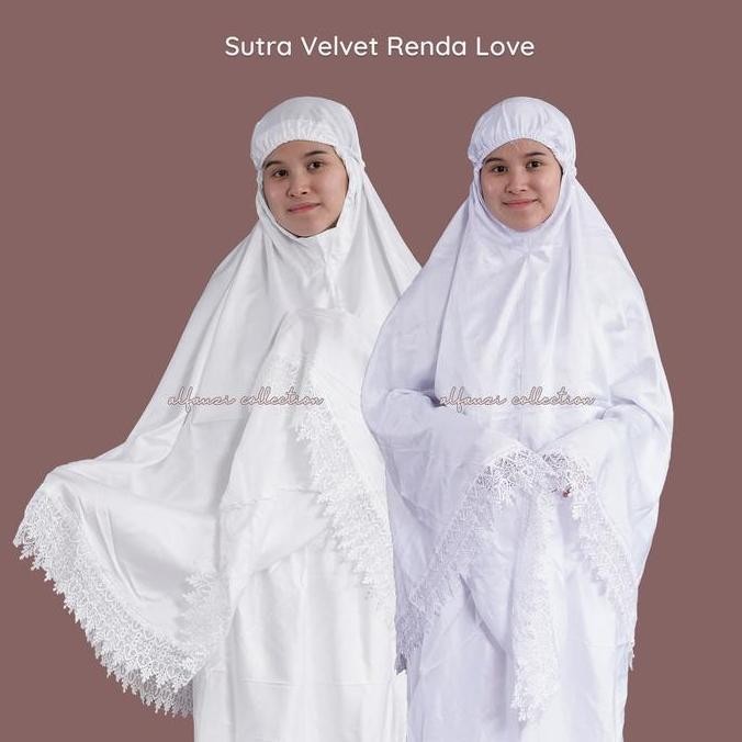 READY STOCK MUKENA SUTRA VELVET RENDA LOVE DEWASA / MUKENA INDAH / MUKENA MURAH ATASAN PANJANG PUTIH