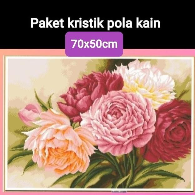 paket kristik bunga mawar peoni full pola kain cross stitch besar