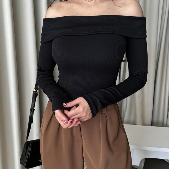 Evelyn Top sabrina longsleeve crop top atasan wanita off shoulder