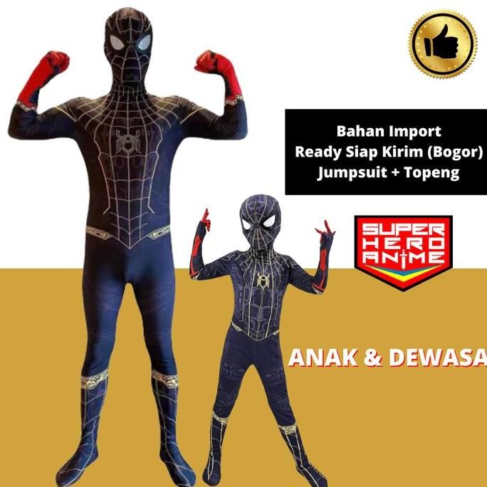 Kostum Spider Man Dewasa Anak No Way Home Hitam Gold Baju Cosplay Costume Spiderman Topeng Superhero